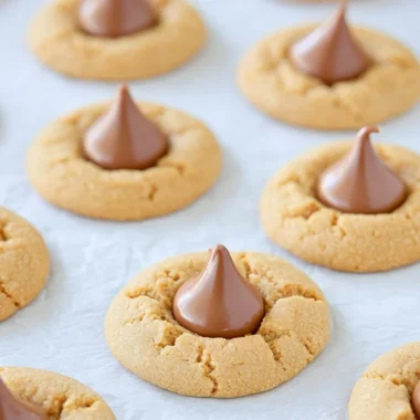 Baked peanut butter blossoms cookies topped with chocolate kisses