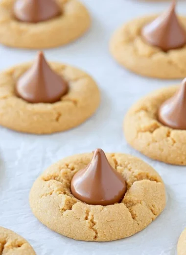 Baked peanut butter blossoms cookies topped with chocolate kisses