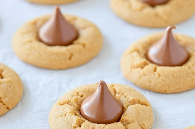 Baked peanut butter blossoms cookies topped with chocolate kisses