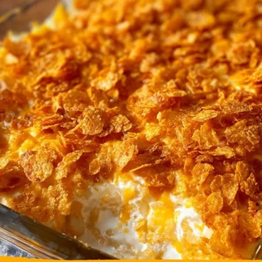 Cheesy funeral potatoes casserole topped with crunchy corn flakes served in a dish.