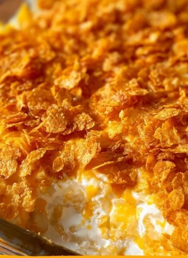 Cheesy funeral potatoes casserole topped with crunchy corn flakes served in a dish.