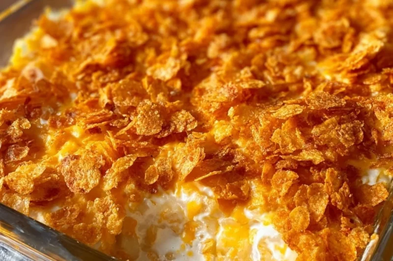 Cheesy funeral potatoes casserole topped with crunchy corn flakes served in a dish.