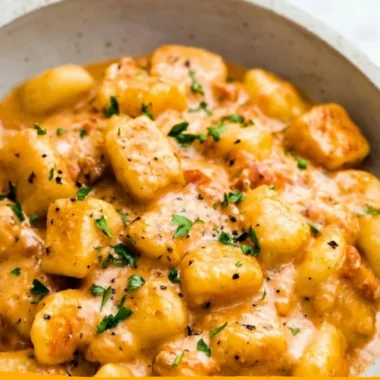 Plate of garlic butter gnocchi garnished with herbs and parmesan cheese