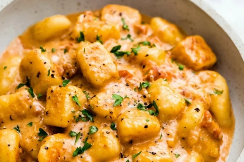 Plate of garlic butter gnocchi garnished with herbs and parmesan cheese