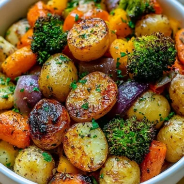 Garlic herb roasted potatoes and veggies served in a bowl