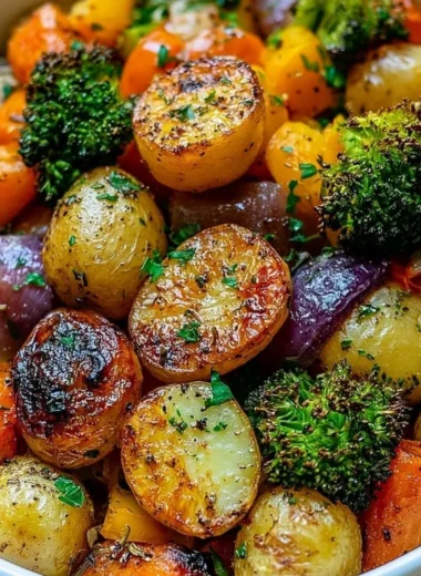 Garlic herb roasted potatoes and veggies served in a bowl