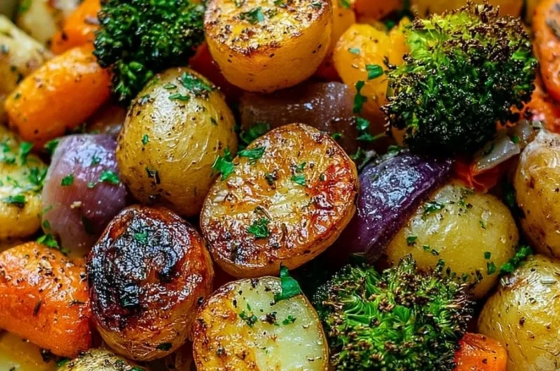 Garlic herb roasted potatoes and veggies served in a bowl
