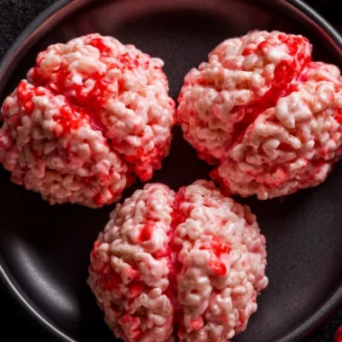 Halloween Brain Rice Krispies Treats decorated for festive celebrations
