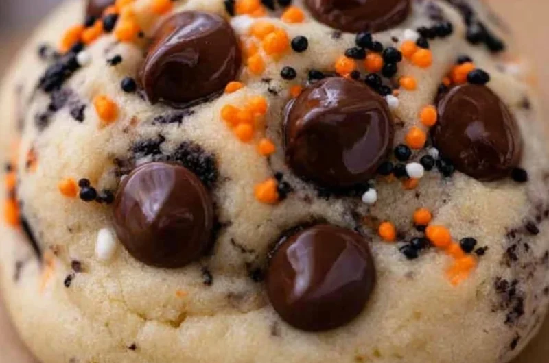 Halloween Oreo Stuffed Chocolate Chip Cookies on a festive plate