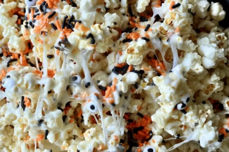 Colorful Halloween popcorn mixed with candy, perfect for spooky celebrations.