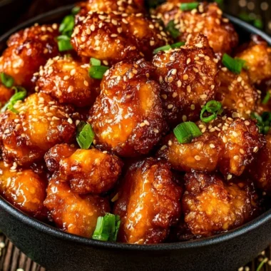 A plate of homemade orange chicken garnished with green onions.