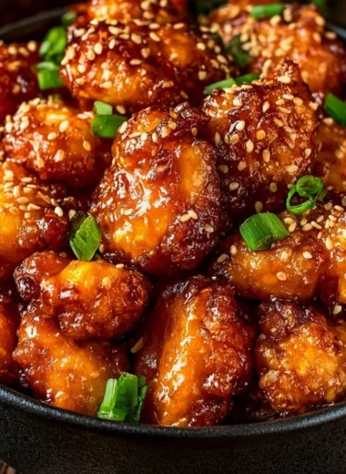 A plate of homemade orange chicken garnished with green onions.