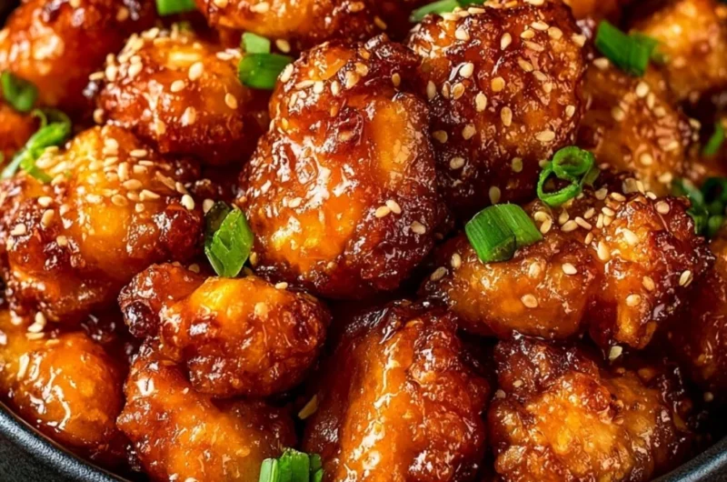 A plate of homemade orange chicken garnished with green onions.