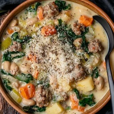 A bowl of Italian sausage and white bean soup garnished with herbs.