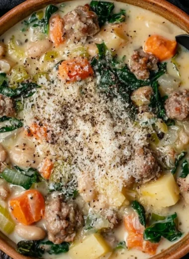 A bowl of Italian sausage and white bean soup garnished with herbs.