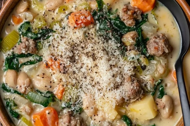 A bowl of Italian sausage and white bean soup garnished with herbs.