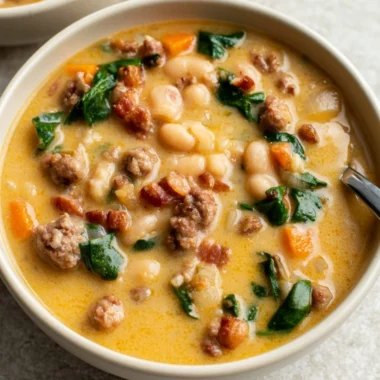 Delicious Italian Sausage White Bean Soup in a bowl garnished with herbs.
