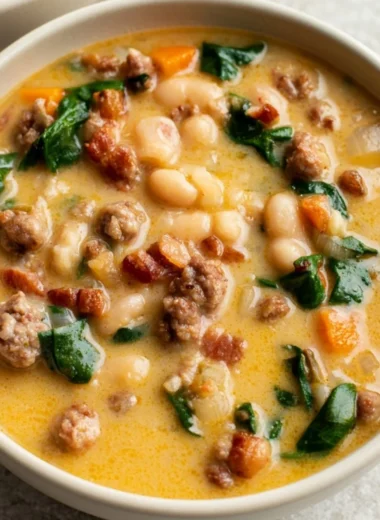 Delicious Italian Sausage White Bean Soup in a bowl garnished with herbs.