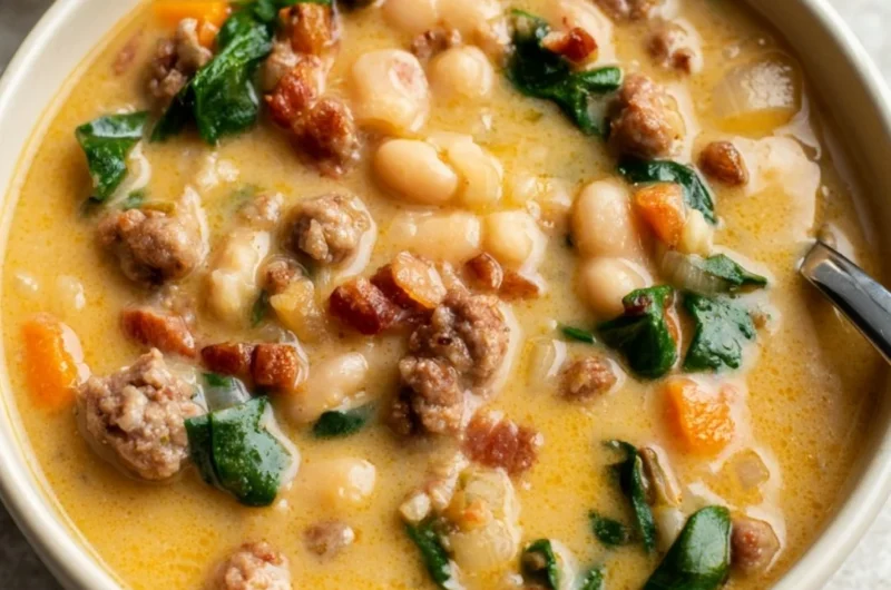 Delicious Italian Sausage White Bean Soup in a bowl garnished with herbs.