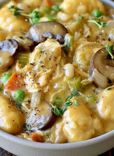 One Pot Gnocchi Chicken Pot Pie served in a baking dish