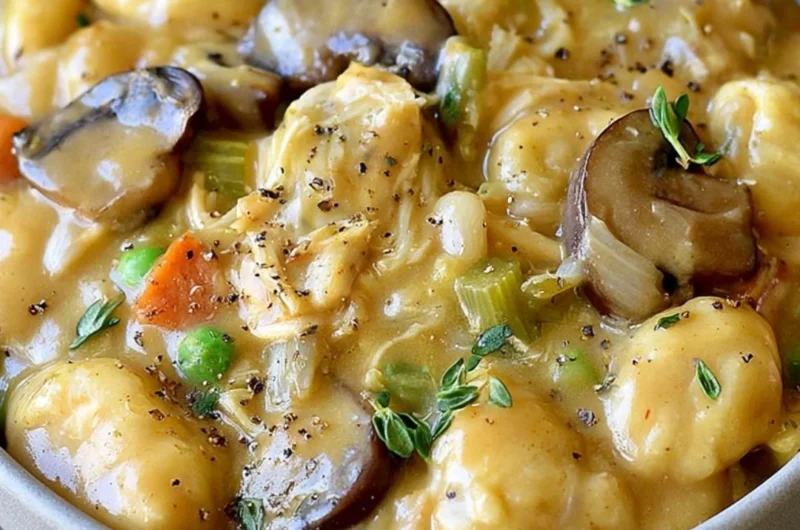 One Pot Gnocchi Chicken Pot Pie served in a baking dish