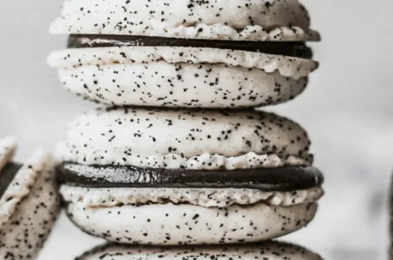 Oreo Macarons with chocolate cream filling on a decorative plate