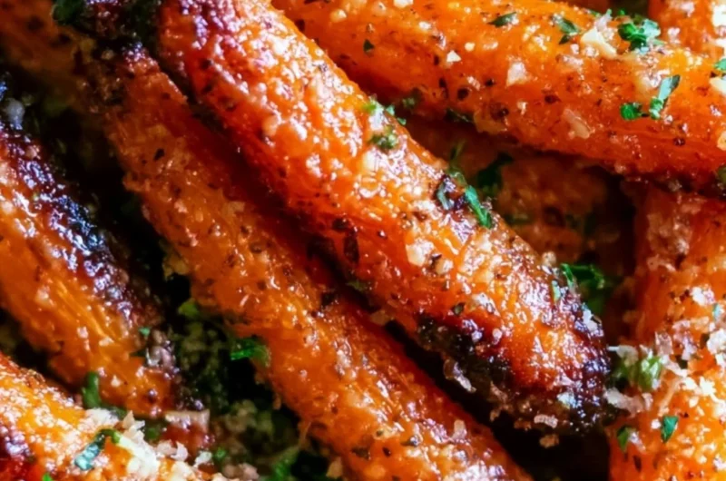 Parmesan garlic roasted carrots served on a plate