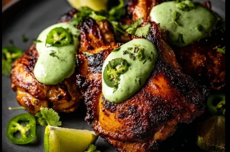 Peruvian grilled chicken served with creamy green sauce on a plate