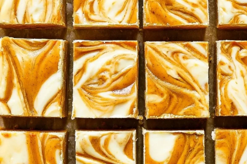 Pumpkin cream cheese cheesecake bars topped with whipped cream in a dish.
