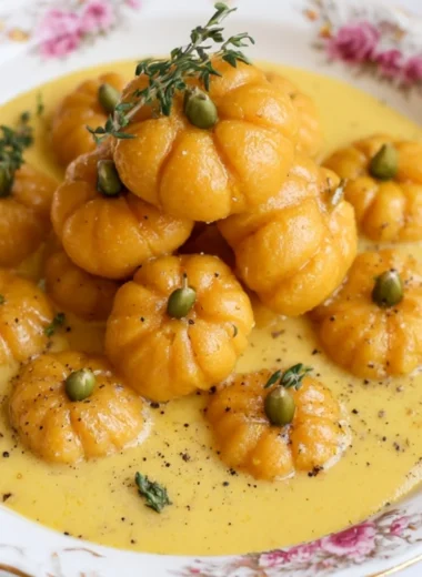 Plate of homemade pumpkin gnocchi served with sage butter