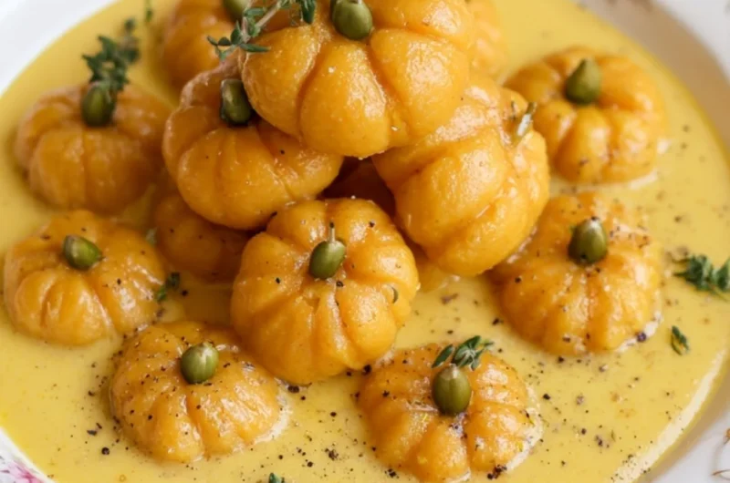Plate of homemade pumpkin gnocchi served with sage butter