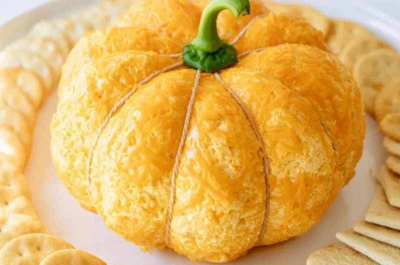 Pumpkin-shaped cheese ball perfect for Halloween and fall festivities