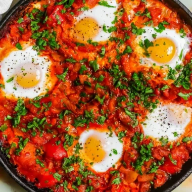 Delicious Shakshuka with poached eggs and spicy tomato sauce in a skillet.