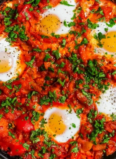 Delicious Shakshuka with poached eggs and spicy tomato sauce in a skillet.