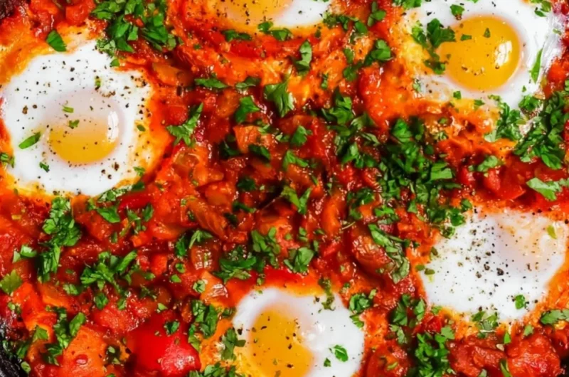 Delicious Shakshuka with poached eggs and spicy tomato sauce in a skillet.