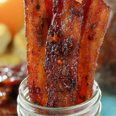Delicious sweet and spicy candied bacon finished with a sticky glaze