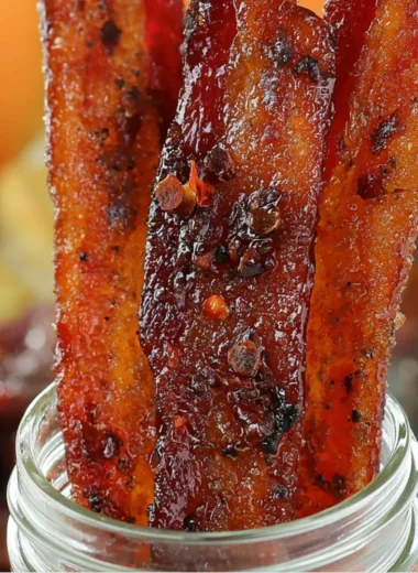 Delicious sweet and spicy candied bacon finished with a sticky glaze