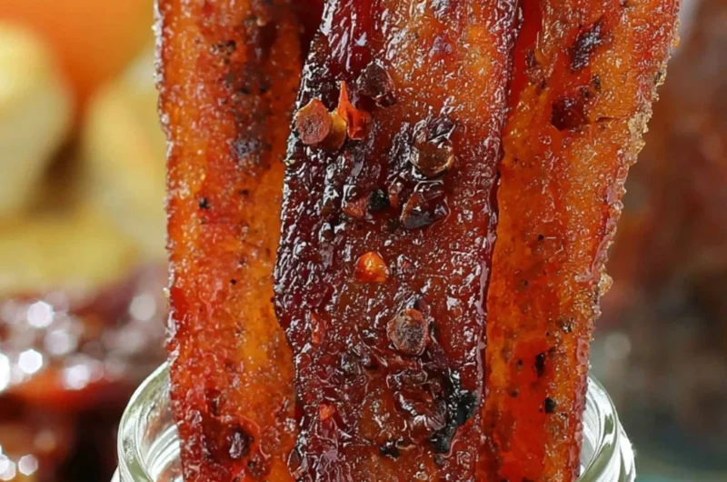 Delicious sweet and spicy candied bacon finished with a sticky glaze