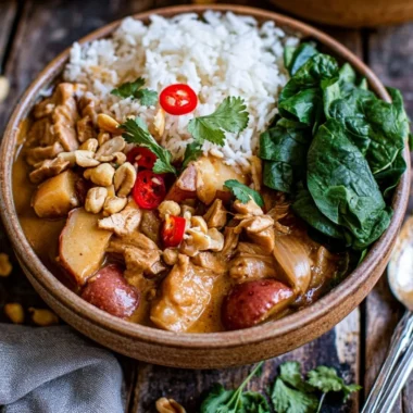 A bowl of Thai Massaman Curry with vibrant colors and rich ingredients.