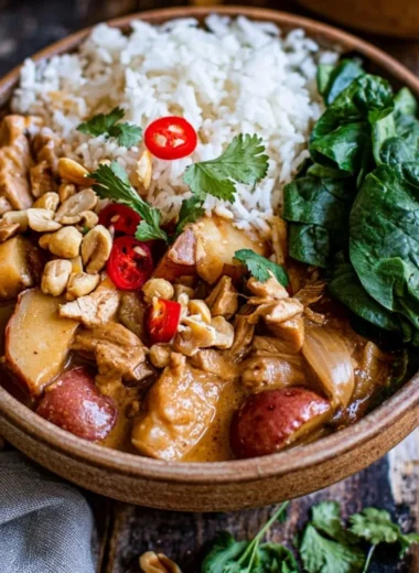 A bowl of Thai Massaman Curry with vibrant colors and rich ingredients.