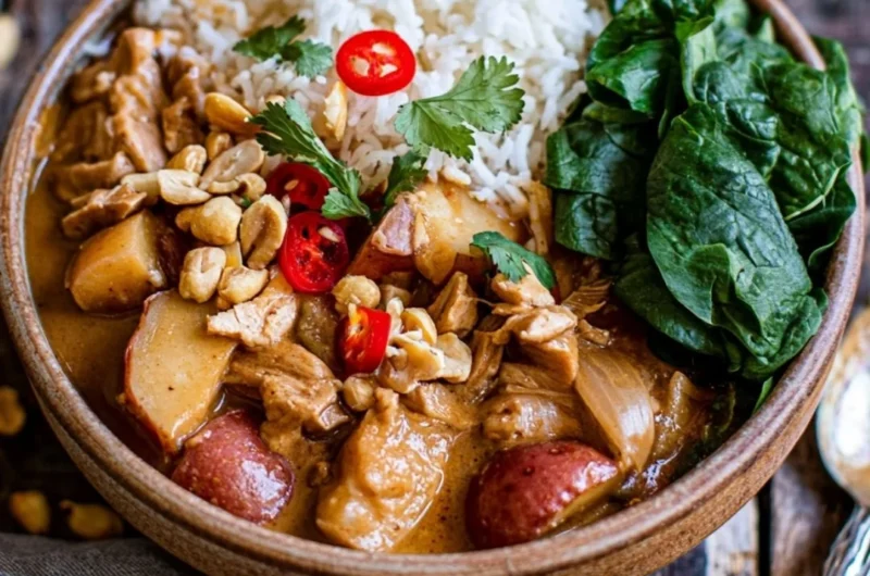 A bowl of Thai Massaman Curry with vibrant colors and rich ingredients.