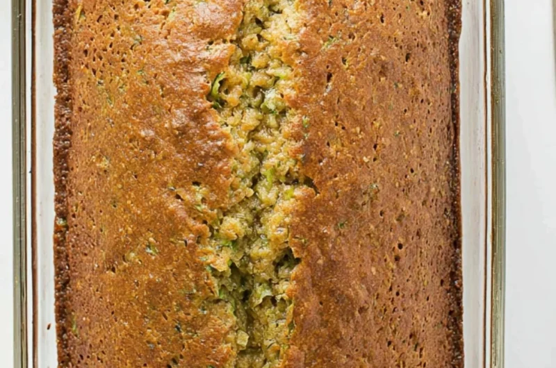 Loaf of freshly baked zucchini bread on a wooden cutting board