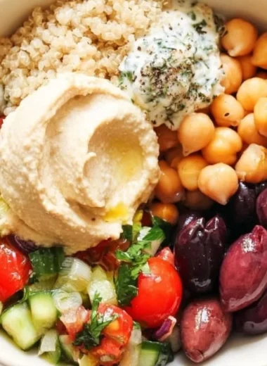 A vibrant 5-Minute Mediterranean Bowl featuring fresh vegetables and grains.