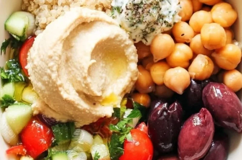 A vibrant 5-Minute Mediterranean Bowl featuring fresh vegetables and grains.