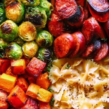 Autumn dinner plate with sausage, pasta, Brussels sprouts, and butternut squash.