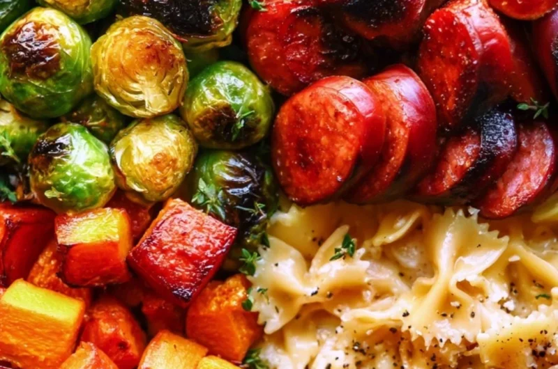 Autumn dinner plate with sausage, pasta, Brussels sprouts, and butternut squash.