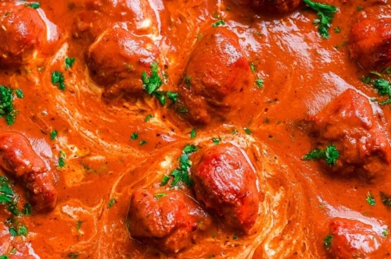 Delicious bowl of cozy chicken tikka masala garnished with cilantro and served with rice.