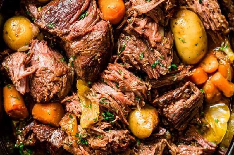 Delicious chuck roast cooking in a crock pot for a cozy meal