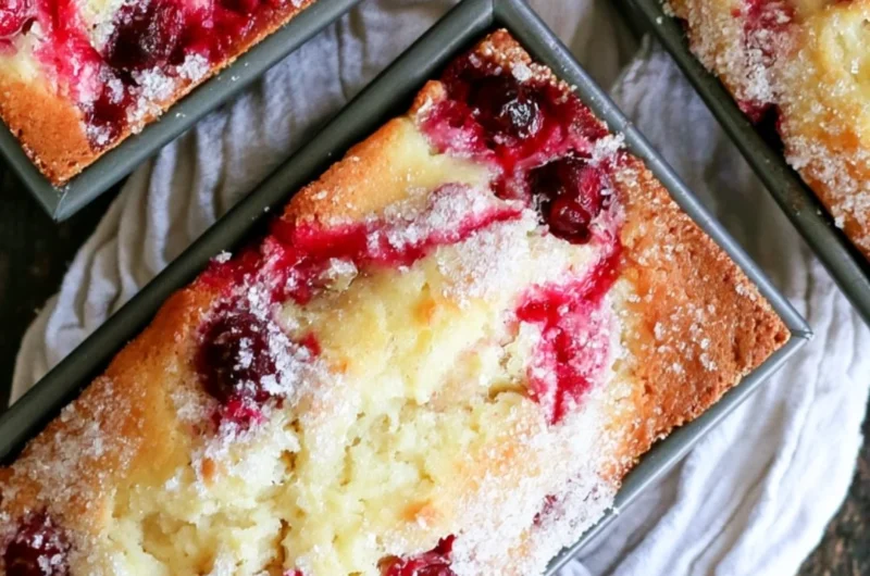 Loaf of cozy cranberry quick bread garnished with fresh cranberries.