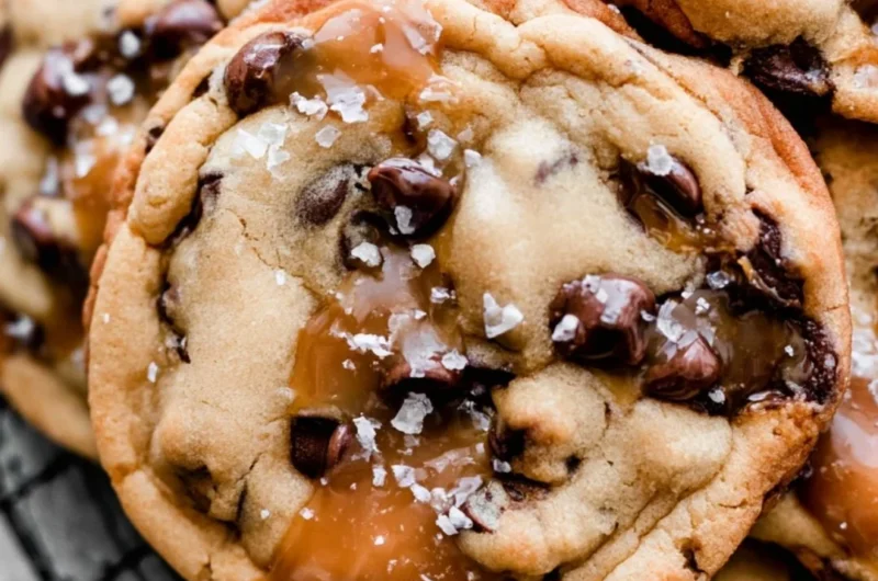 Cozy salted caramel chocolate chip cookies on a rustic table